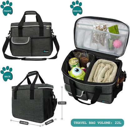 Dog Travel Organizer with Food Container and Bowls, Weekend Camping Accessories - Charcoal, Medium