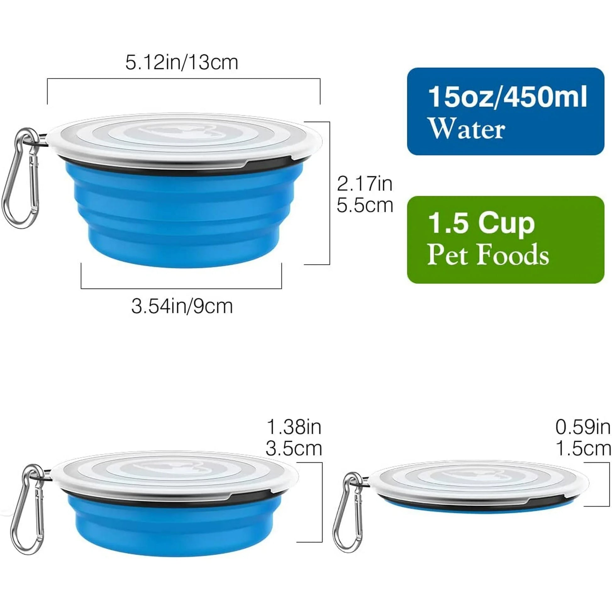 Collapsible Dog Bowls 2 Pack, Silicone Feeding Watering Bowls with Lids & Carabiners for Dogs Cats, Portable Water Feeder Food Bowl for Walking Traveling Home Use, 450Ml, Blue + Green
