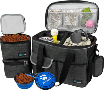 Dog Travel Organizer with Food Container and Bowls, Weekend Camping Accessories - Charcoal, Medium