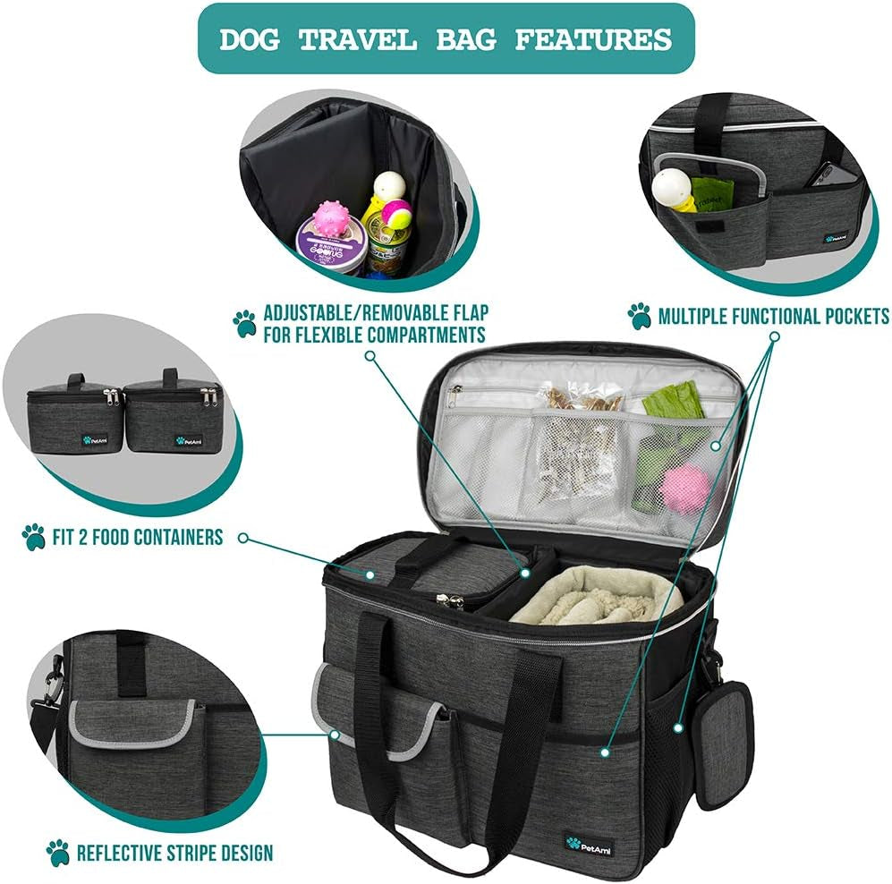 Dog Travel Organizer with Food Container and Bowls, Weekend Camping Accessories - Charcoal, Medium