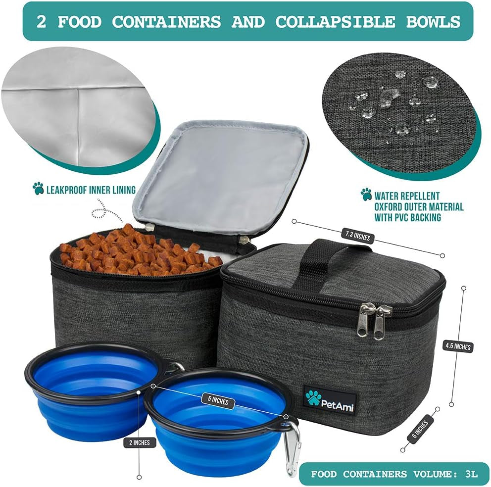 Dog Travel Organizer with Food Container and Bowls, Weekend Camping Accessories - Charcoal, Medium