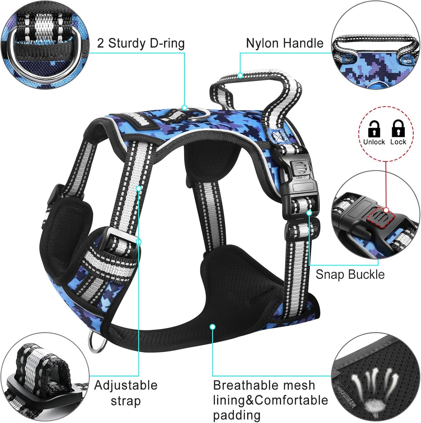 Dog Harness No Pull, Pet Harnesses with Dog Collar, Adjustable Reflective Oxford Outdoor Vest, Front/Back Leash Clips for Small, Medium, Large, Extra Large Dogs, Easy Control Handle for Walking