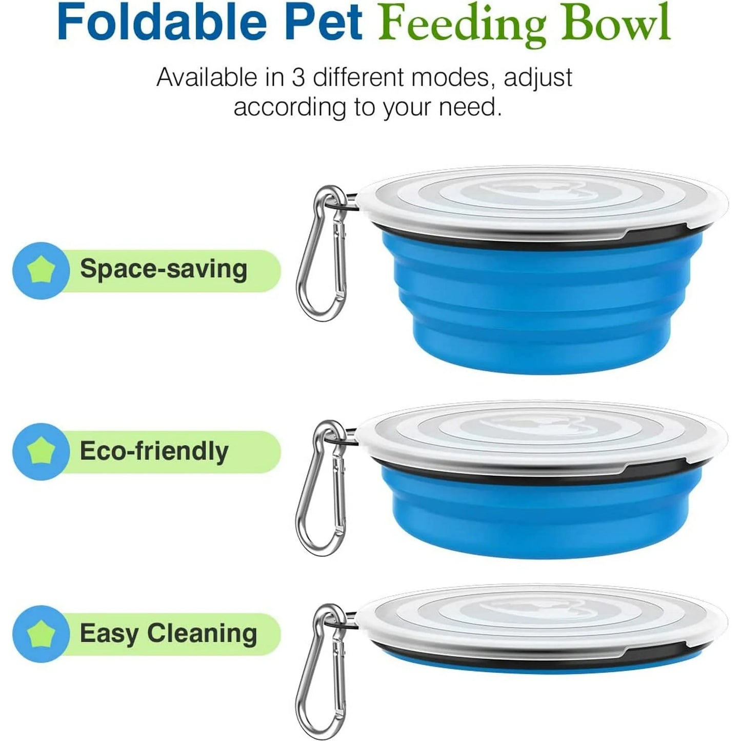 Collapsible Dog Bowls 2 Pack, Silicone Feeding Watering Bowls with Lids & Carabiners for Dogs Cats, Portable Water Feeder Food Bowl for Walking Traveling Home Use, 450Ml, Blue + Green