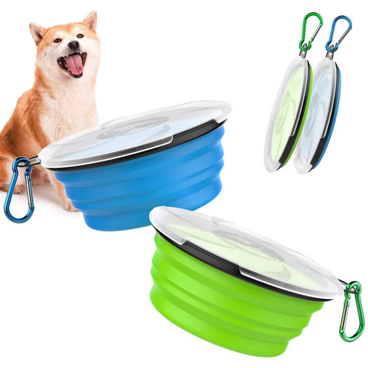 Collapsible Dog Bowls 2 Pack, Silicone Feeding Watering Bowls with Lids & Carabiners for Dogs Cats, Portable Water Feeder Food Bowl for Walking Traveling Home Use, 450Ml, Blue + Green