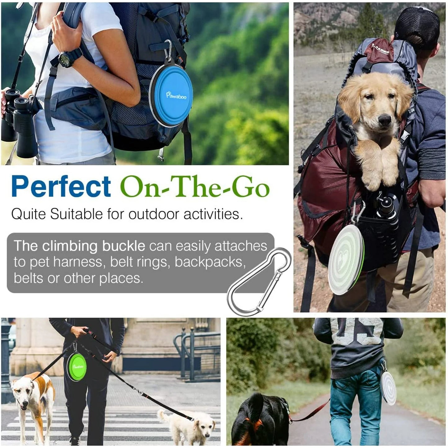 Collapsible Dog Bowls 2 Pack, Silicone Feeding Watering Bowls with Lids & Carabiners for Dogs Cats, Portable Water Feeder Food Bowl for Walking Traveling Home Use, 450Ml, Blue + Green