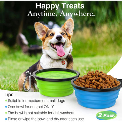 Collapsible Dog Bowls 2 Pack, Silicone Feeding Watering Bowls with Lids & Carabiners for Dogs Cats, Portable Water Feeder Food Bowl for Walking Traveling Home Use, 450Ml, Blue + Green