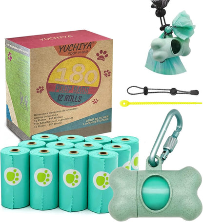 Dog Poop Pickup Bags Holder Dispenser with Standard-Sized Leak-Proof Scented Doggy Waste Bags and Carabiner with Safety Lock&Fastener Never Loose on Leash Lead Again (1 Holder 195 Bags, Blue)