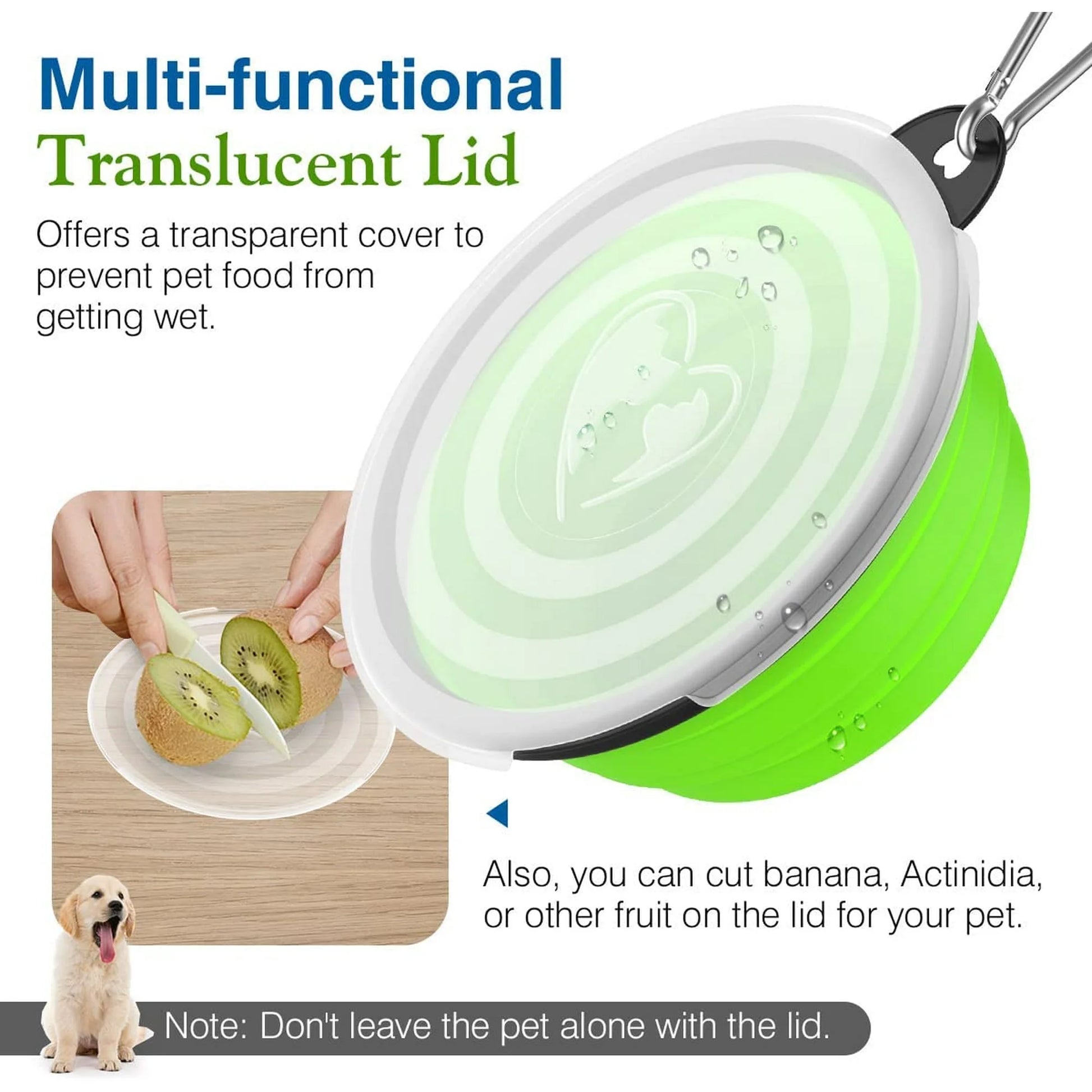 Collapsible Dog Bowls 2 Pack, Silicone Feeding Watering Bowls with Lids & Carabiners for Dogs Cats, Portable Water Feeder Food Bowl for Walking Traveling Home Use, 450Ml, Blue + Green