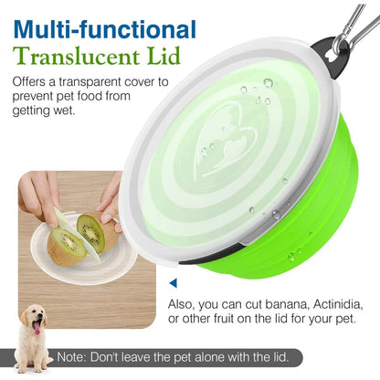 Collapsible Dog Bowls 2 Pack, Silicone Feeding Watering Bowls with Lids & Carabiners for Dogs Cats, Portable Water Feeder Food Bowl for Walking Traveling Home Use, 450Ml, Blue + Green
